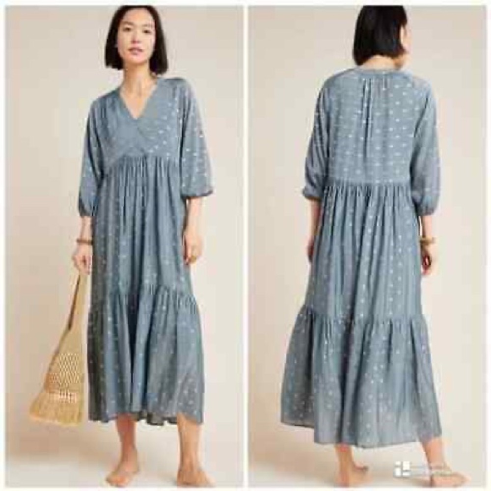 Anthropologie Metallic Gold Polka Dot
Napoli Tiered Maxi Dress Sz XS